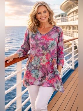 Soft Surroundings Floral V-Neck Long Sleeve Top in Pink, Teal, Purple